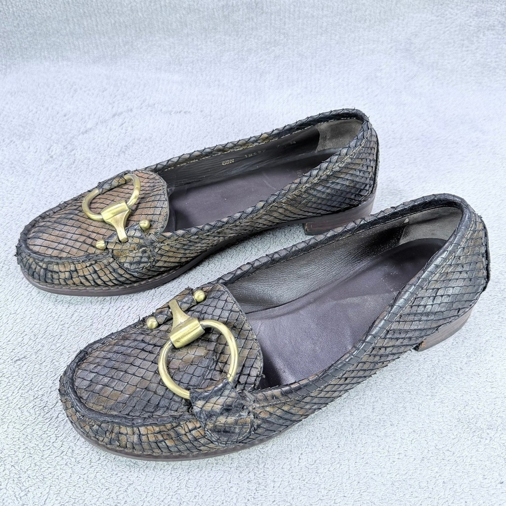 Stuart Weitzman Womens 7 Brown Snakeskin Embossed Leather Horsebit Loafer Flats